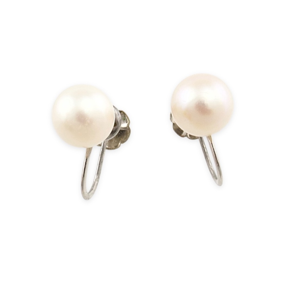 Vintage Genuine Pearl 14K White Gold Screw Back Earrings